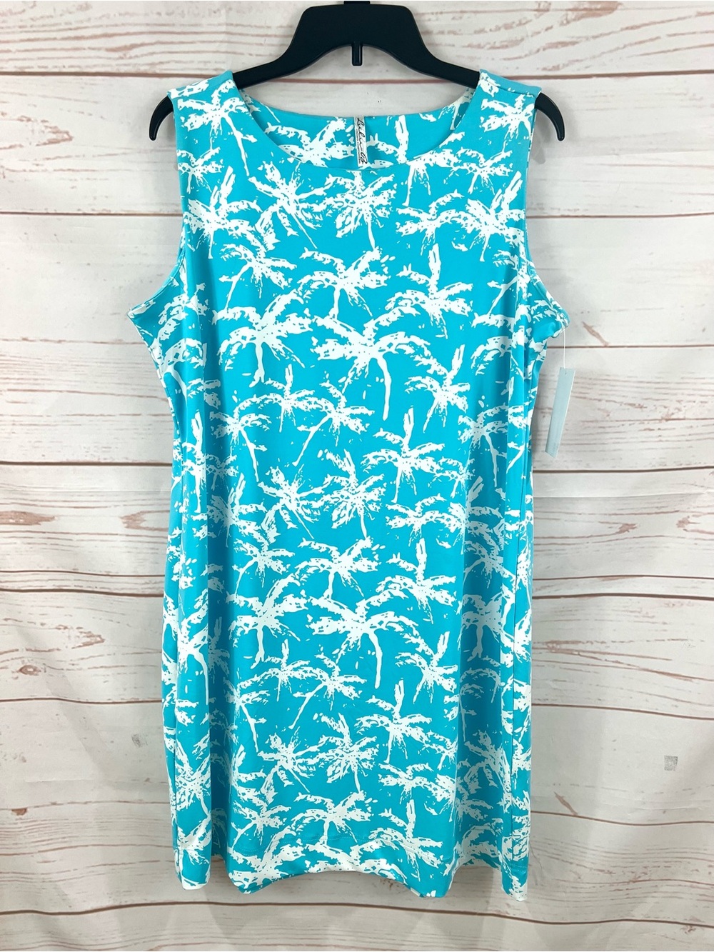 Lulu B UPF 50 Cooling Turquoise Aqua Palm Tree Print Sleeveless Shift Dress - Picture 2 of 8